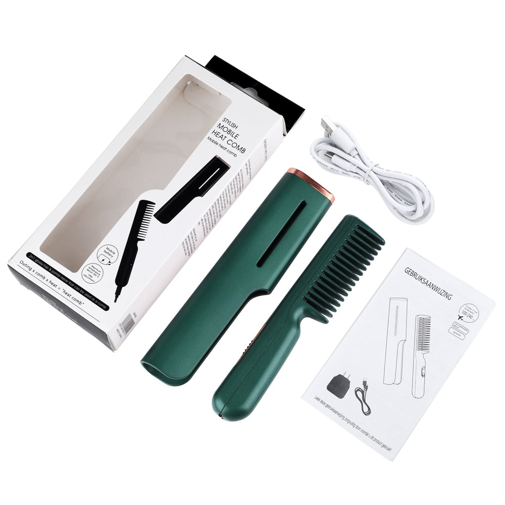 A pink and green 2 In 1 Hair Straightener Fast Heat Hairdressing Comb, showcasing its sleek design and features for hair styling.