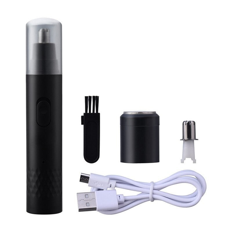 2 in 1 Portable Men Nose Hair Trimmer with razor head and USB charging cable, designed for efficient grooming.