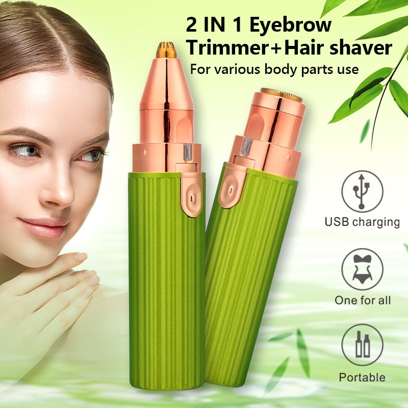 A sleek 2 IN 1 Rechargeable Electric Eyebrow Trimmer and Epilator designed for women's grooming, featuring a USB charging port and detachable head.