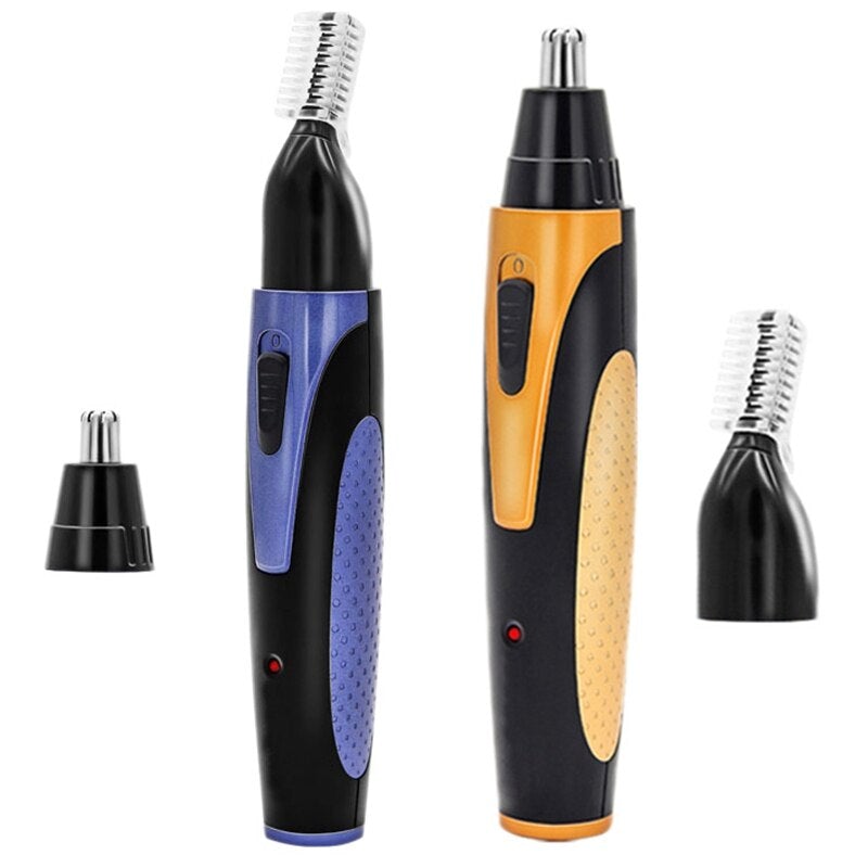 2 In 1 USB Nose Sideburn Eyebrow Beard Ear Hair Trimmer in blue and yellow, showcasing its ergonomic design and stainless steel blades.