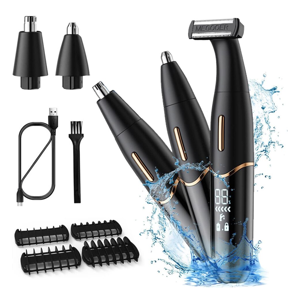 3 in 1 Electric Hair Shaver with LED display, featuring a nose hair trimmer, eyebrow trimmer, and body hair shaver in a sleek design.
