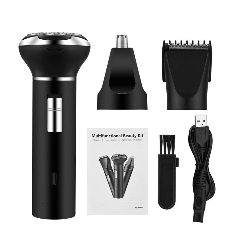 3 In 1 Electric Hair Shavers for Men, featuring attachments for beard, nose, and ear trimming, with a sleek design and USB charging capability.
