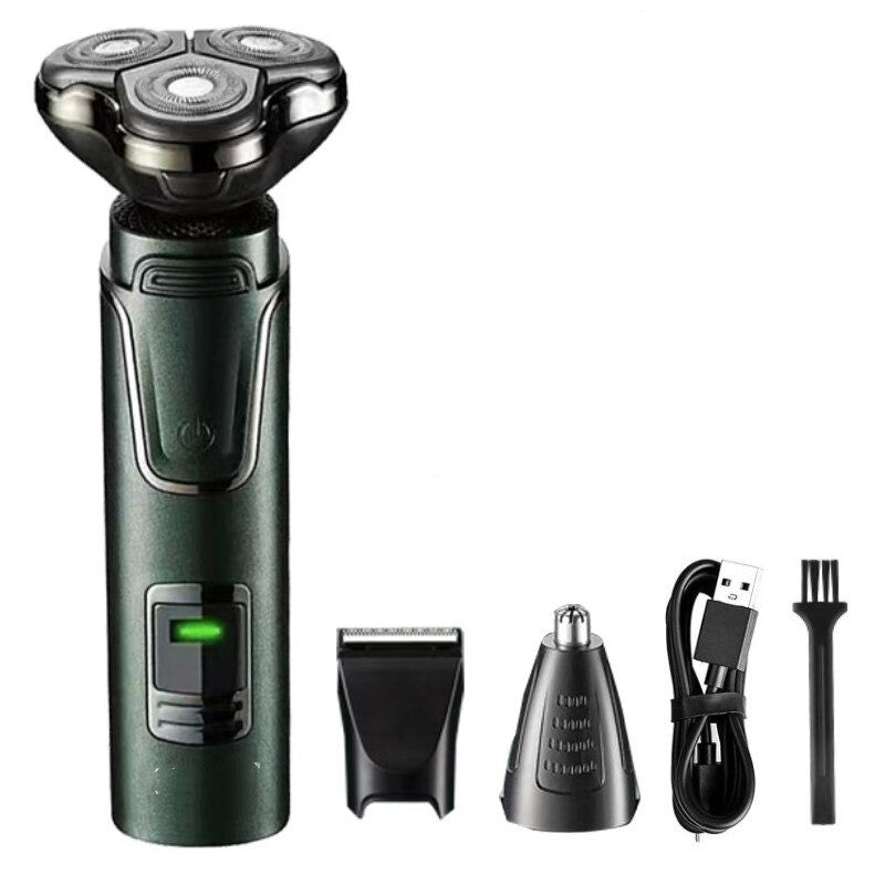 3 in 1 Foil Shaver IPX7 Waterproof Epilator Shaving Machine with USB cable and brush, showcasing its sleek design and features.