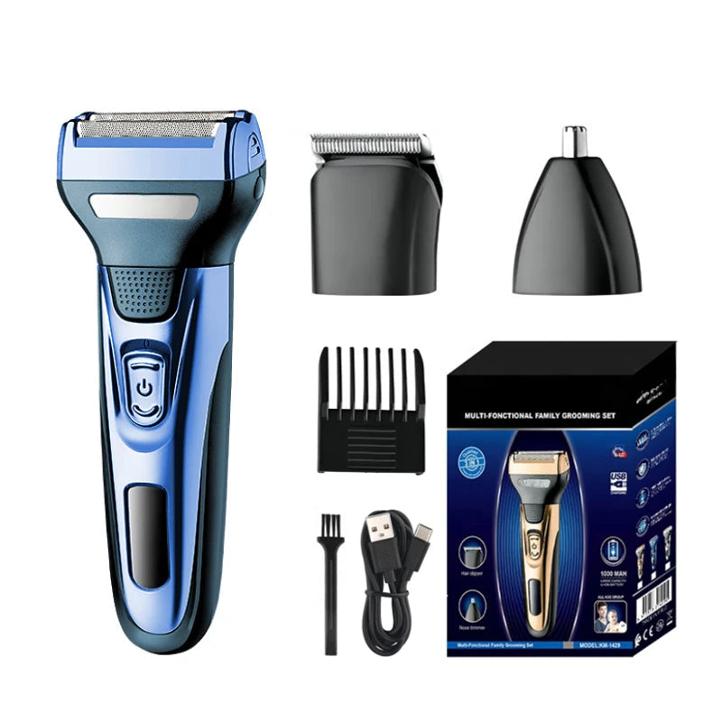 3 In 1 Hair Trimmer featuring a sleek design, USB charging port, and interchangeable heads for beard, hair, and nose trimming.