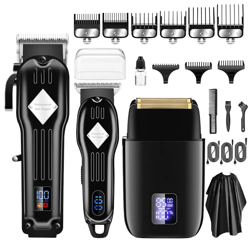3 in 1 Professional Electric Hair Clipper and Shaver Set featuring precision steel blades and multiple accessories for versatile grooming.