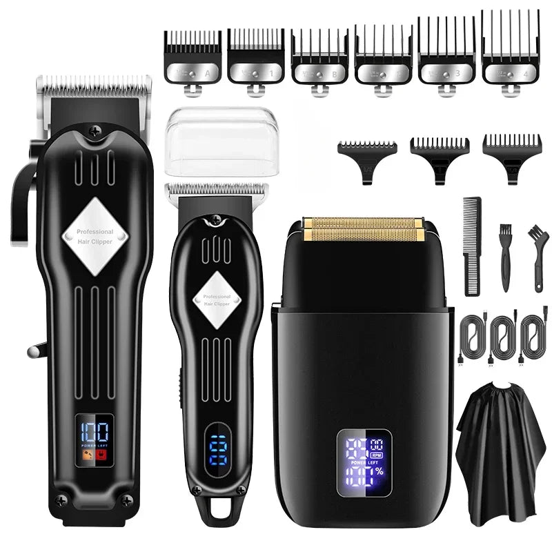 3 In 1 Professional Electric Hair Clipper and Shaver Set with accessories including combs and charging cables.