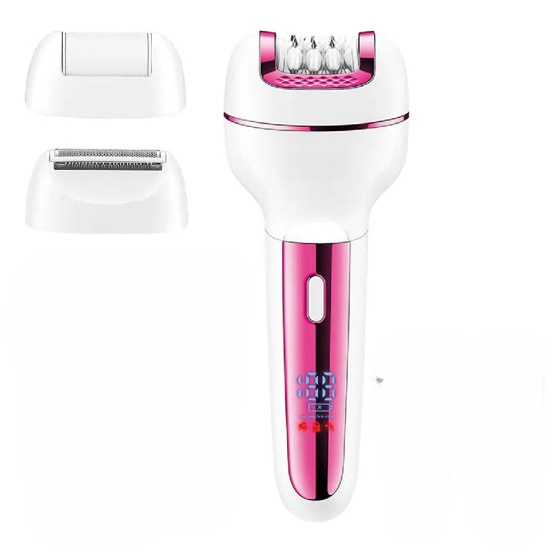 3 in 1 Epilator for women featuring a rechargeable electric shaver, callus remover, and epilator heads, designed for face and body hair removal.
