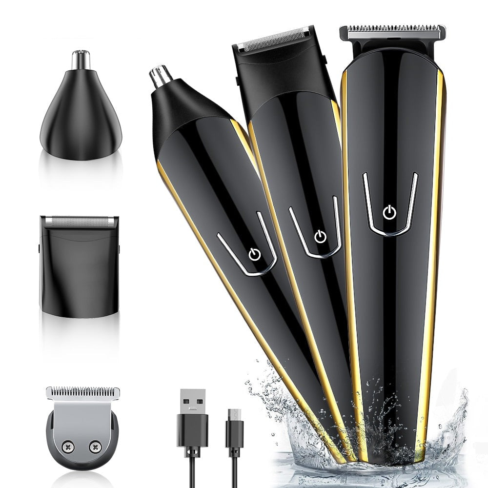 3-in-1 Hair Trimmer for Men with stainless steel cutter head and limit combs, showcasing its multifunctional grooming capabilities.