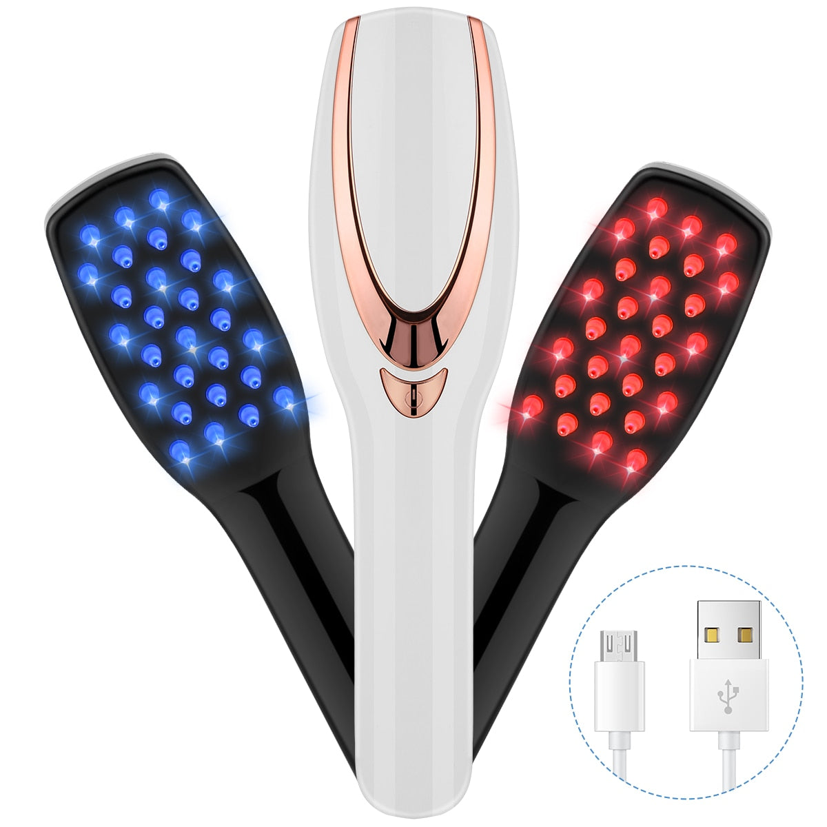 3-IN-1 USB Rechargeable Hair Growth Infrared Electric Massage Anti comb with blue and red light therapy features, designed for scalp massage and hair health.