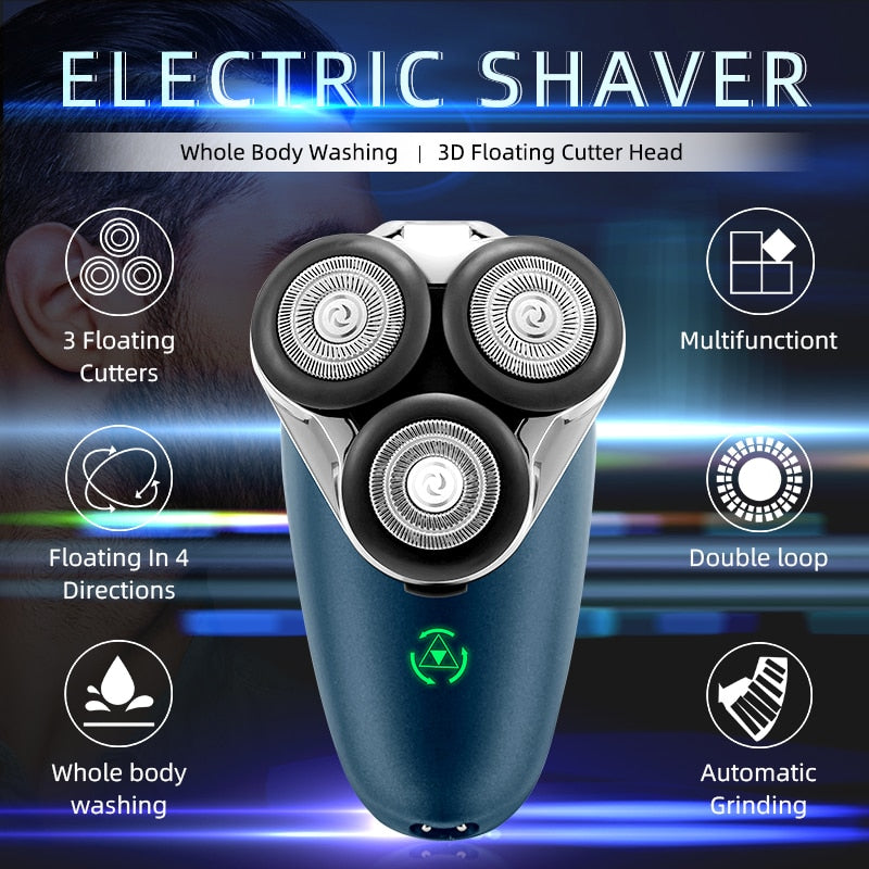 4 In 1 Electric Shaver with 3D floating cutter, USB charging, and various grooming attachments displayed on a clean background.