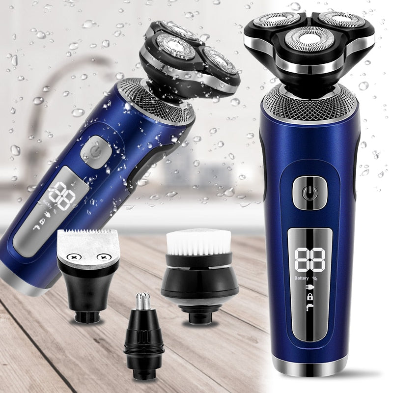 4 in 1 Electric Shaver with 3D floating cutters and USB charging, showcasing its ergonomic design and included grooming accessories.