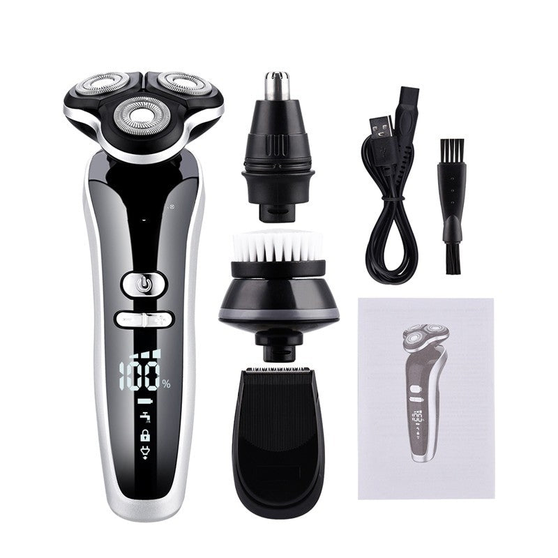 4 In 1 Electric Shaver for Men with LCD display, includes beard trimmer, nose hair clipper, and earlocks clipper, designed for wet and dry use.