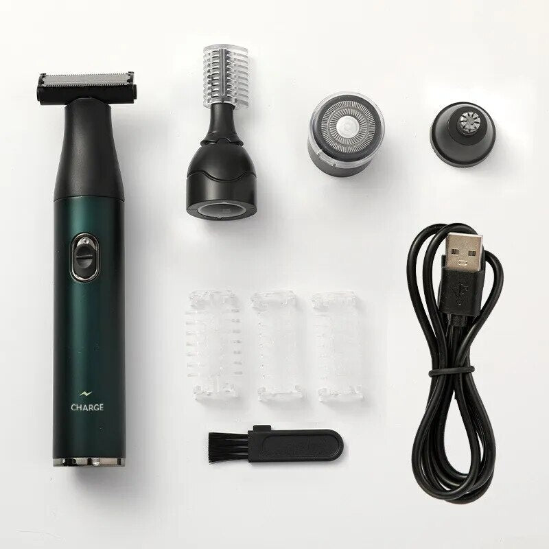 4 IN 1 Electric Shaver with multiple attachments for beard, nose, hair, and eye trimming, showcasing its sleek and portable design.