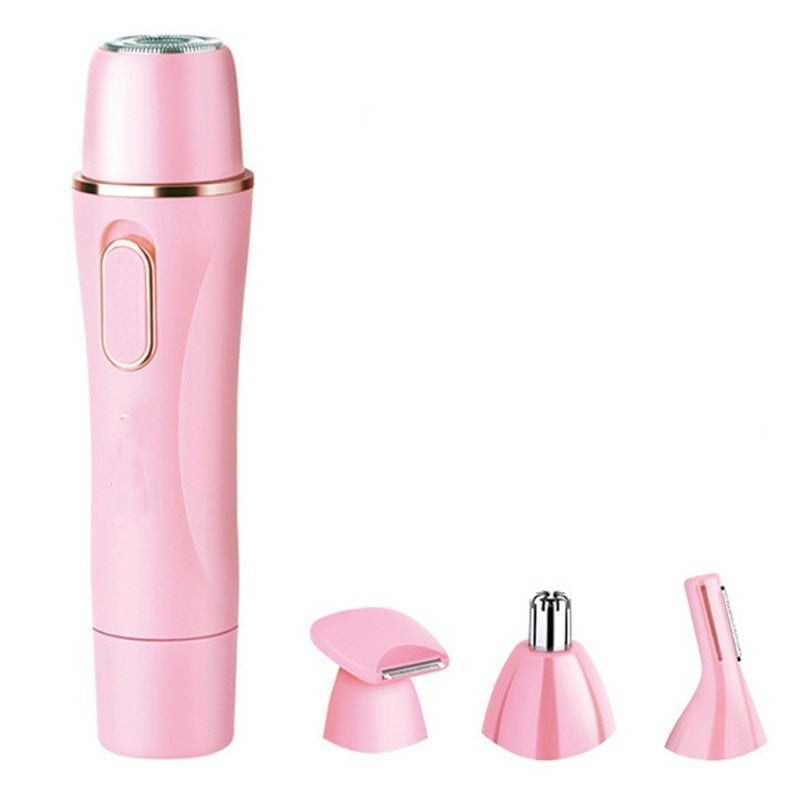 4 In 1 Female Eyebrow Trimmer Epilator Razor in pink, showcasing its sleek design and multiple grooming attachments.