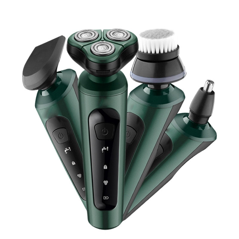 4 In 1 Rechargeable Beard Trimmer Electric Shaver for Men, showcasing its sleek design and multifunctional heads for grooming.