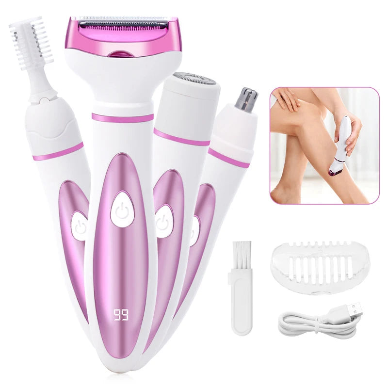 4 in1 Electric Lady Shaver Razors set with interchangeable blades for painless hair removal, including eyebrow and nose hair trimmers.