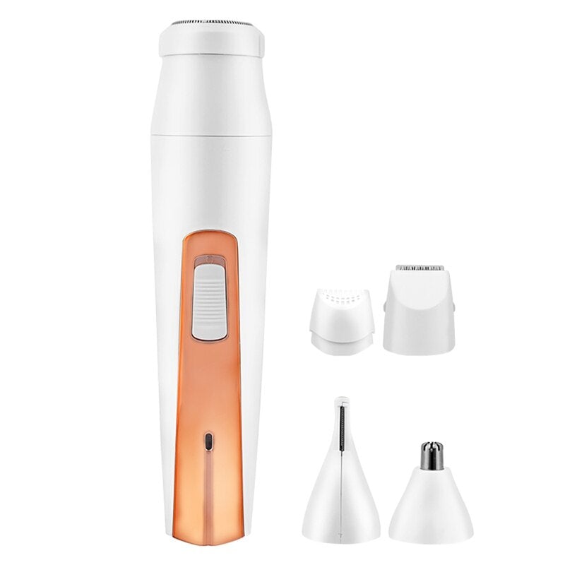 4 in 1 Women Electric Epilator with multiple heads for painless hair removal, featuring a sleek white and gold design.