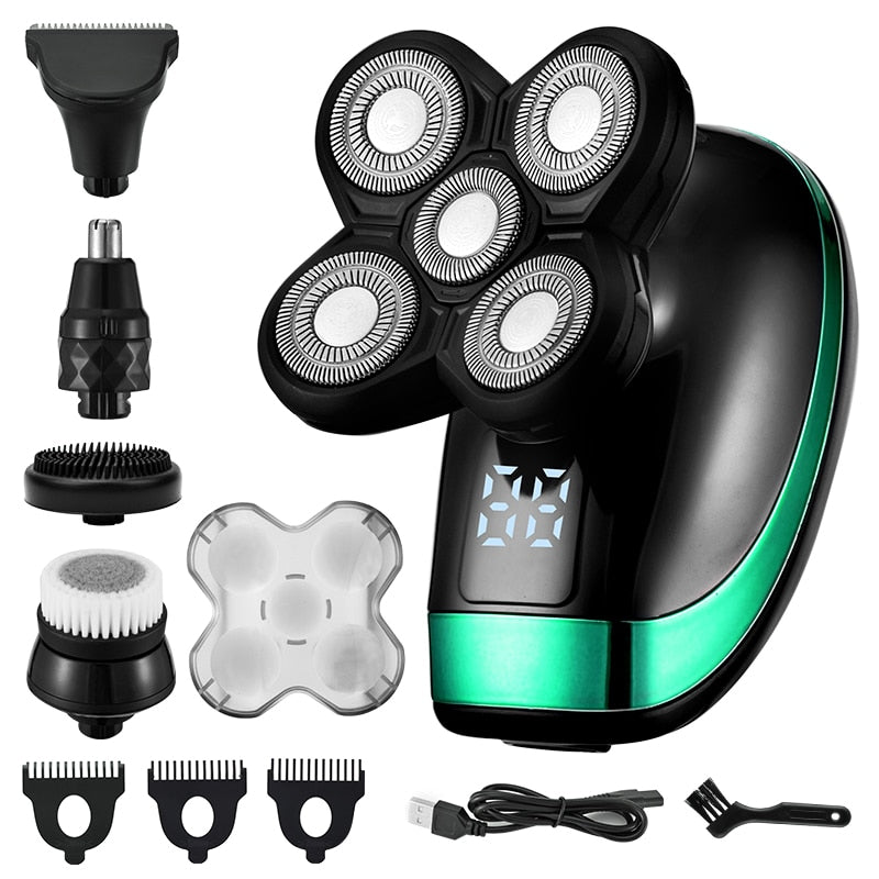 5 IN 1 Electric Razor with multiple attachments including trimmer heads and cleaning brush, showcasing its versatility and design.