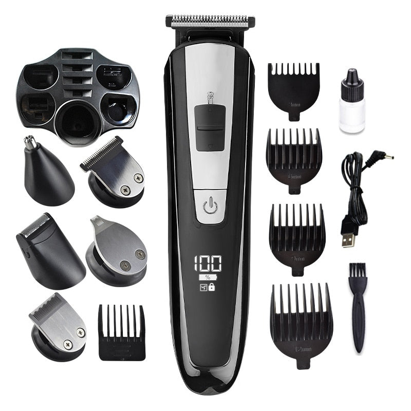 5 In 1 Rechargeable Electric Hair Clippers for Men, featuring multiple attachments for beard, nose, and ear grooming in a sleek black design.