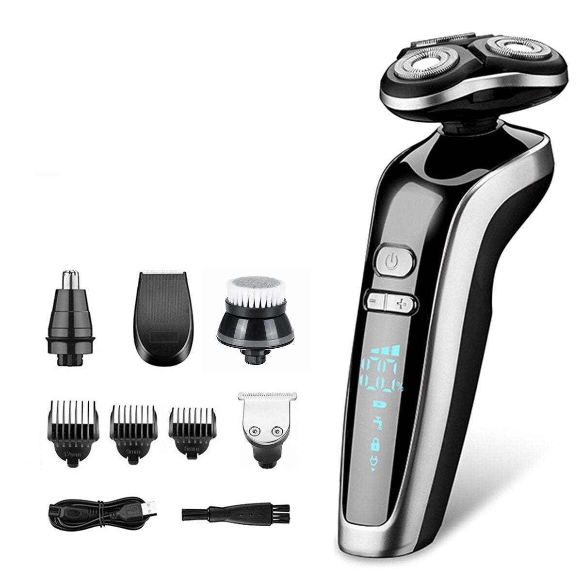 5 In 1 USB Rechargeable Men's Beard Trimmer with 4D floating heads and accessories, showcasing its sleek black design and waterproof features.