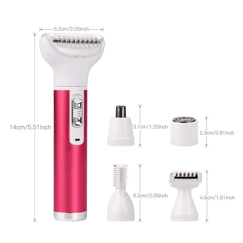 5 in 1 Women Epilator with multiple grooming heads for hair removal and eyebrow trimming, showcasing its ergonomic design and USB charging port.