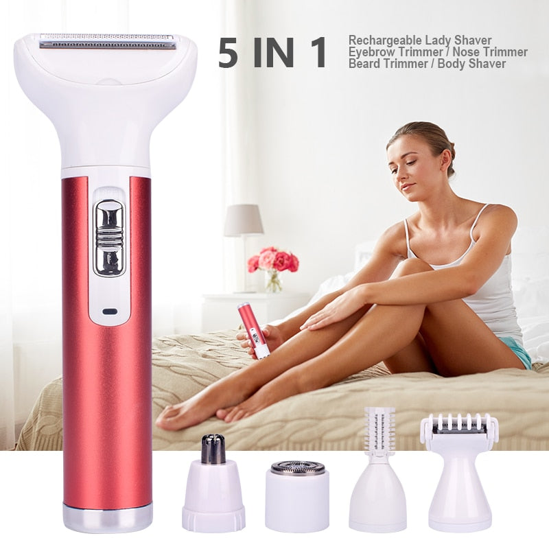 5 in 1 Women Epilator with multiple trimmer heads for versatile grooming, showcasing its ergonomic design and USB charging port.