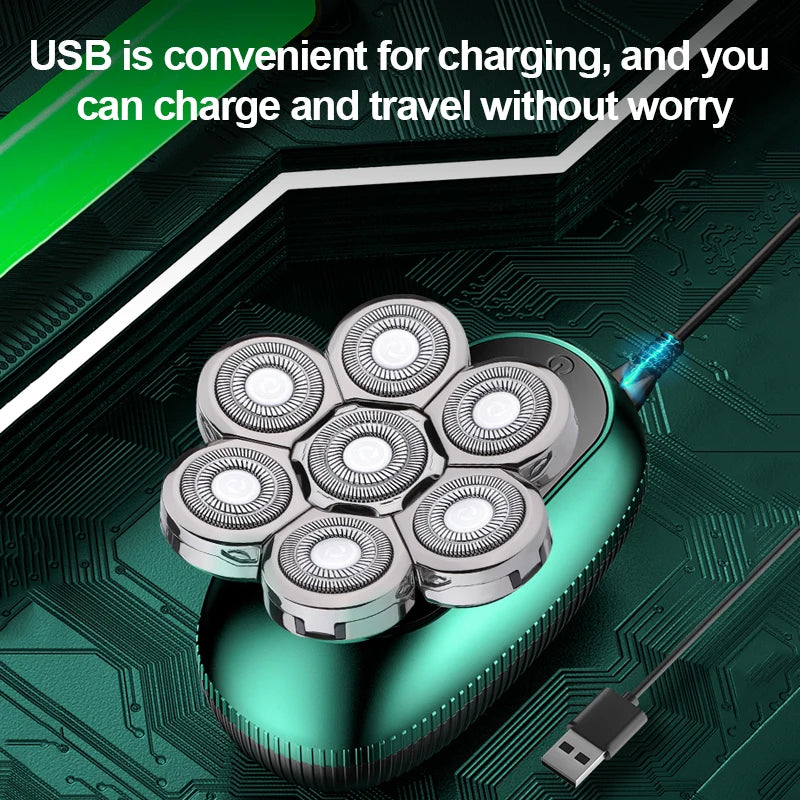 6 in 1 7D Floating Cutter Beard Electric Head Shaver for Bald Men, showcasing its sleek design and multiple attachments.