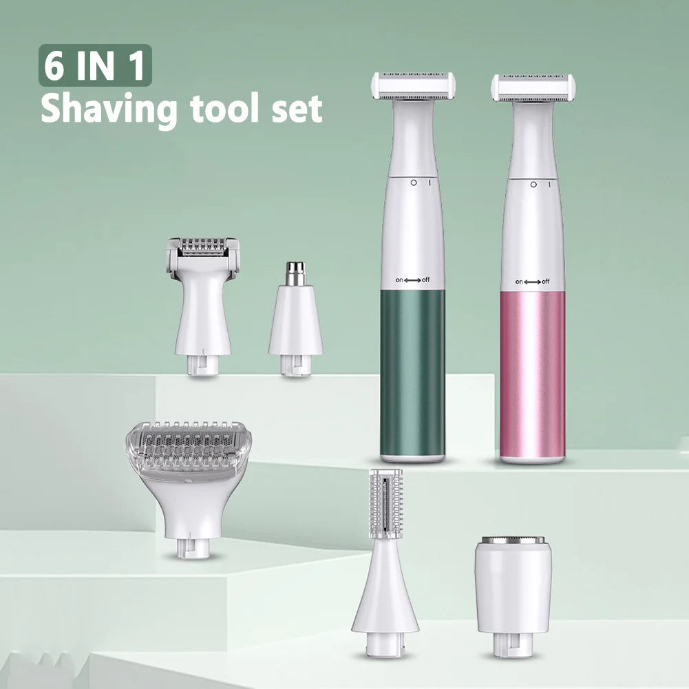 6 In 1 Electric Epilator with multiple grooming heads for hair removal and personal care, compact and portable design.