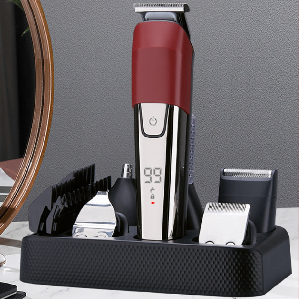 6 in 1 Electric Hair Clipper with various attachments and LED display, designed for men's grooming.