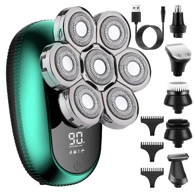 6 in 1 Electric Head Shaver for Bald Men with multiple attachments including a 7D floating cutter, designed for precision and comfort.