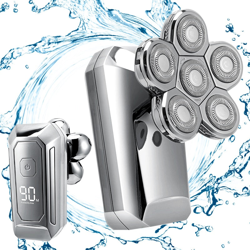 6 In 1 Men 4D Electric Shaver with six floating heads, showcasing its ergonomic design and multiple grooming attachments.