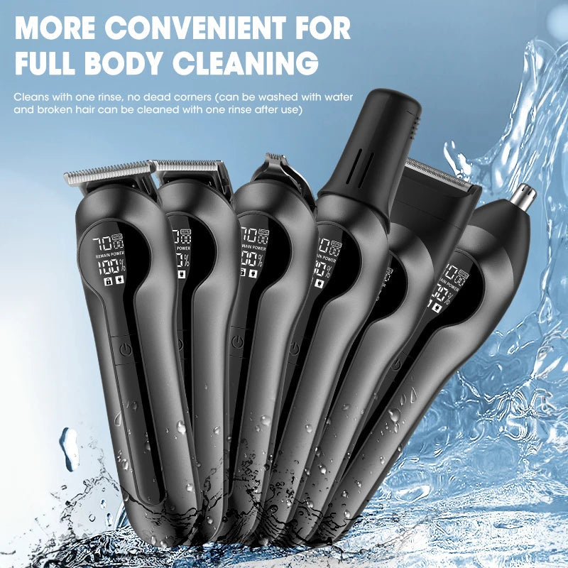 6 in 1 Multifunctional Grooming Kit Hair Clipper with Digital Display, showcasing various attachments and sleek design.