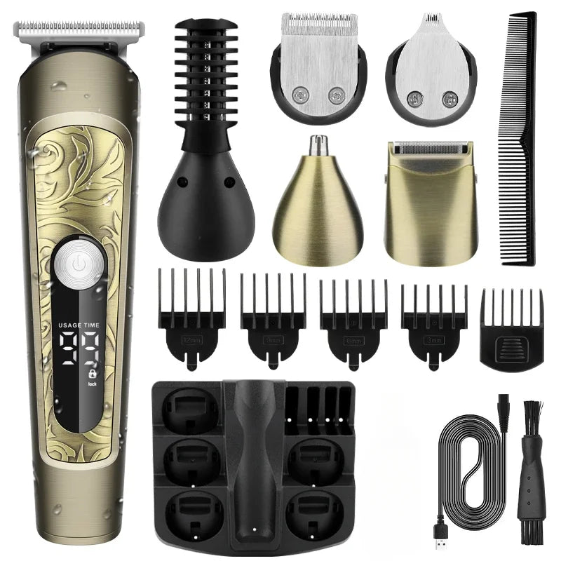 6 in 1 Multi-functional Waterproof Hair Clipper with various attachments for hair, nose, and ear trimming.