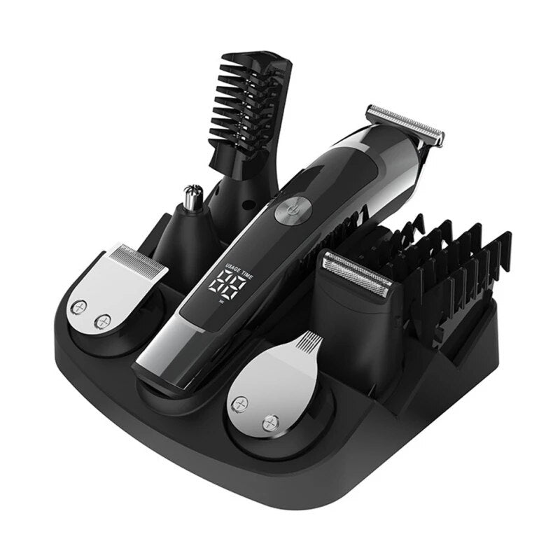 6 in 1 Professional Hair Clipper with various attachments including T-shaped, U-shaped heads, and a nose hair trimmer, displayed on a clean background.