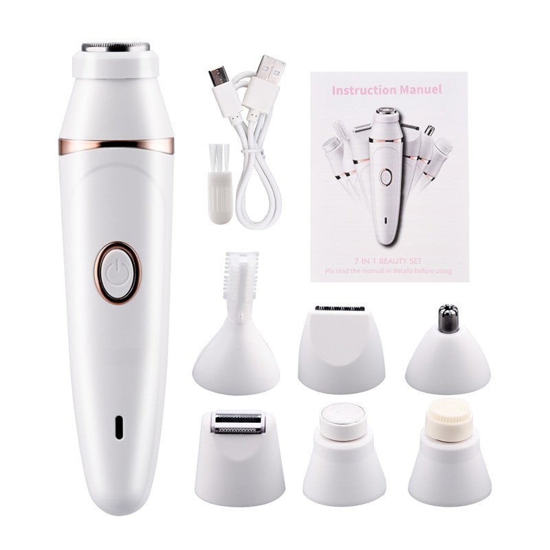 7 In 1 Women Epilator with multiple attachments for hair removal and grooming, featuring a sleek design and waterproof capabilities.