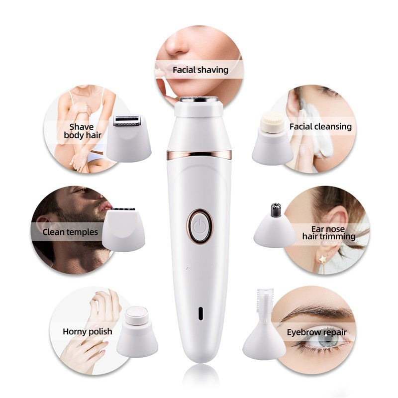 7 In 1 Women Epilator with multiple attachments for hair removal and grooming, featuring a sleek design and waterproof capabilities.