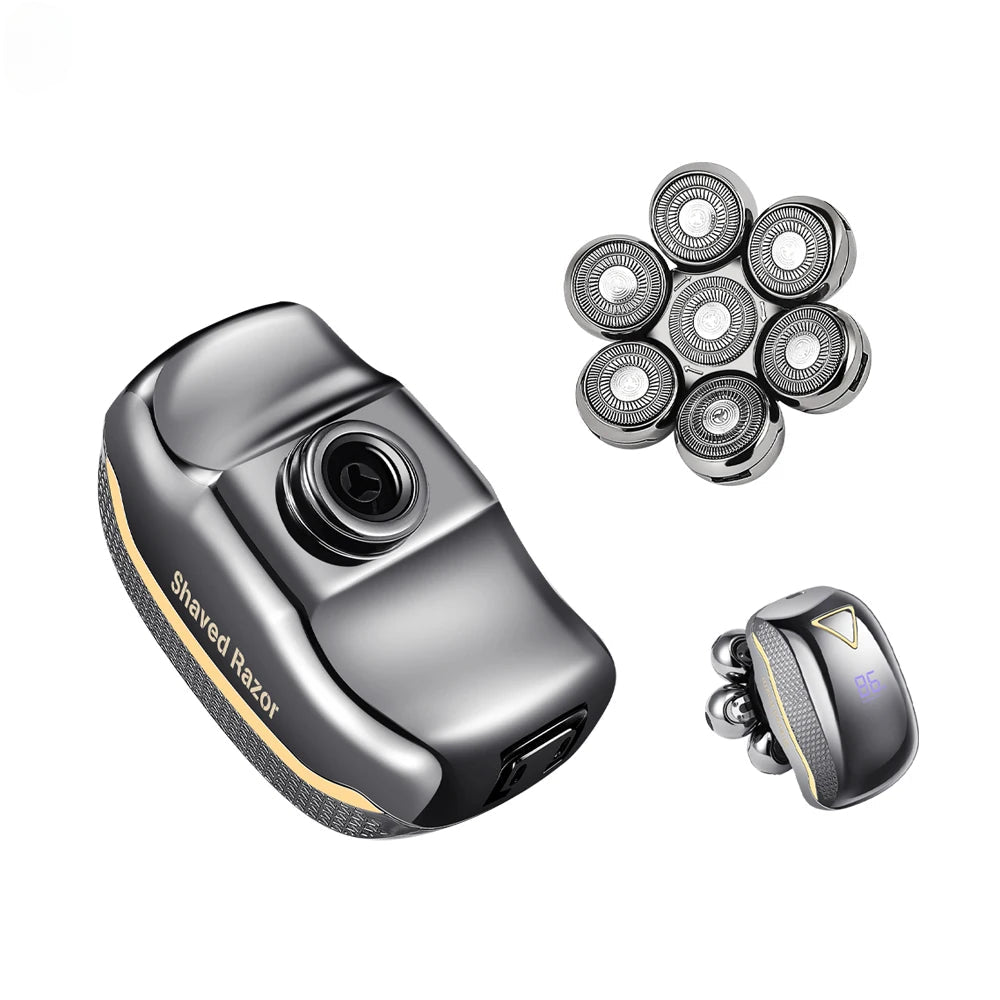 7-Blade Electric Shaver for Men with multiple detachable heads and USB charging capability, showcasing its sleek design and smart display.