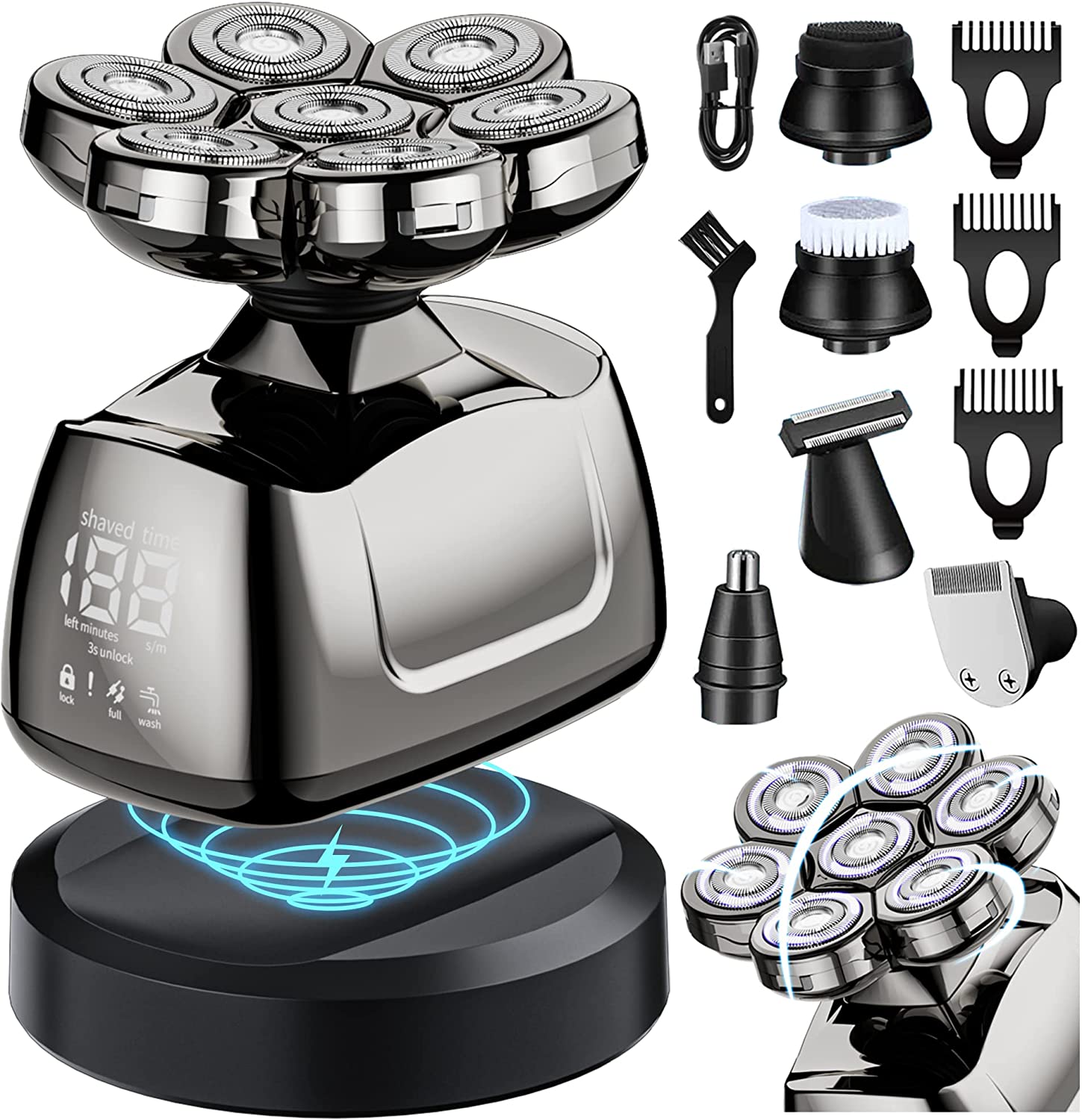 7D Head Shaver Electric Razor for Men, showcasing its sleek design and multiple grooming attachments.