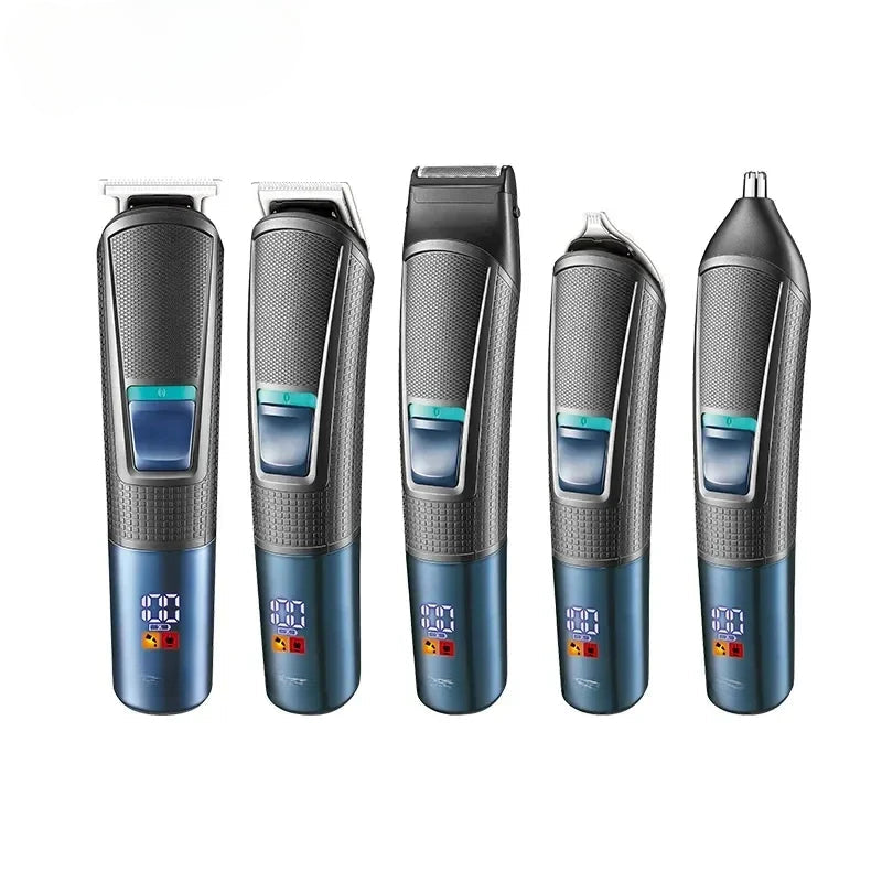 All In 1 Beard Hair Trimmer for Men Grooming Kit with multiple attachments including trimmer, shaver, and nose trimmer, displayed on a clean surface.
