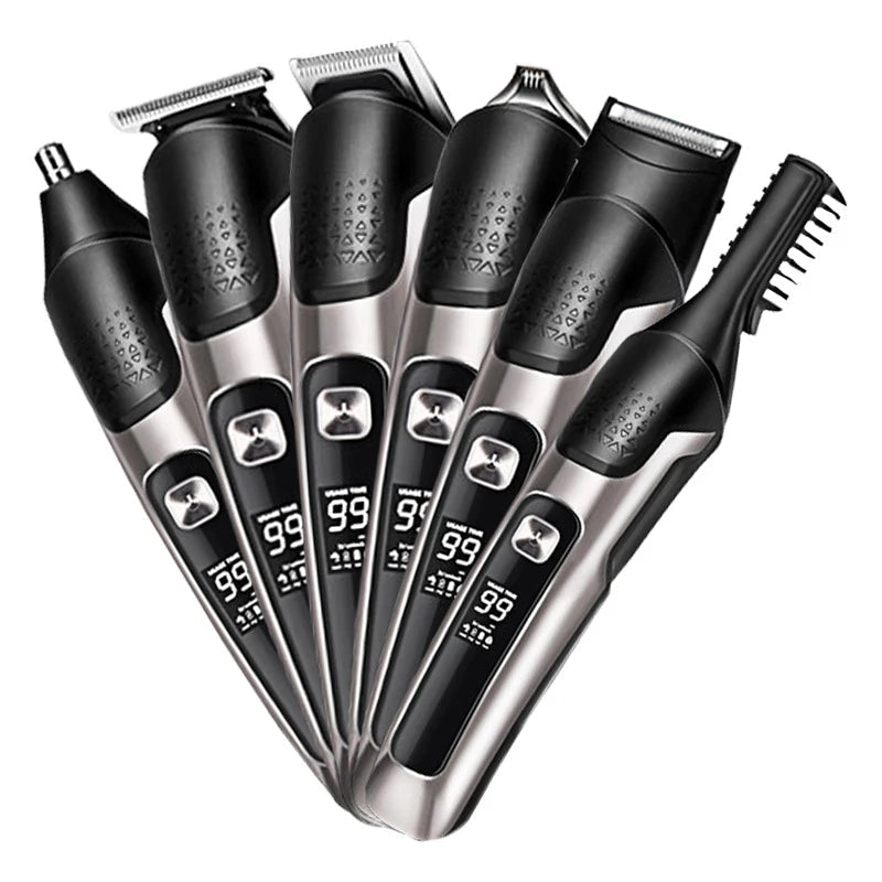 All In 1 Hair Trimmer for Men, featuring multiple attachments for beard and body grooming, with a sleek design and LCD display.
