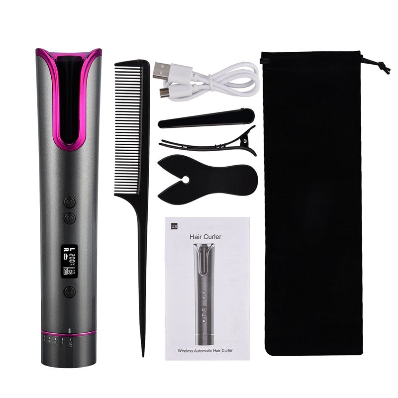 Automatic Hair Curler Ceramic Cordless Curling Iron with accessories including comb, hairpins, and storage bag.