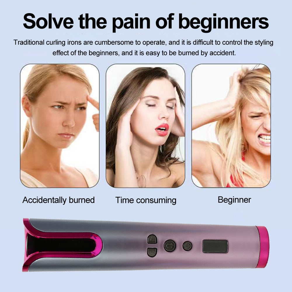 Automatic Hair Curler Wireless Rotating Curling Iron with LED display, showcasing its sleek design and features.