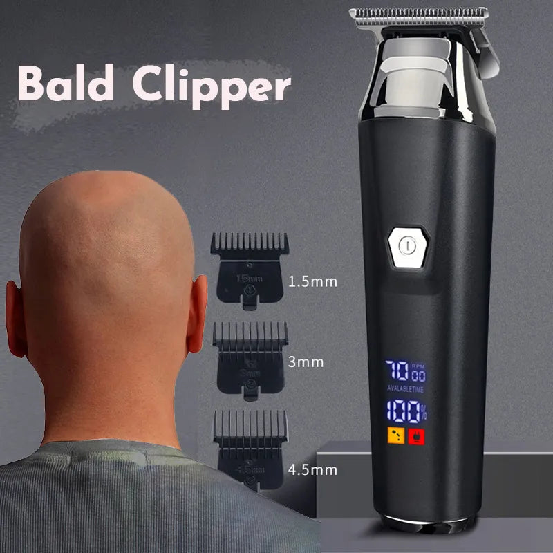 Bald Grooming Clipper, a professional electric hair trimmer for men, featuring a sleek black design and USB charging capability.