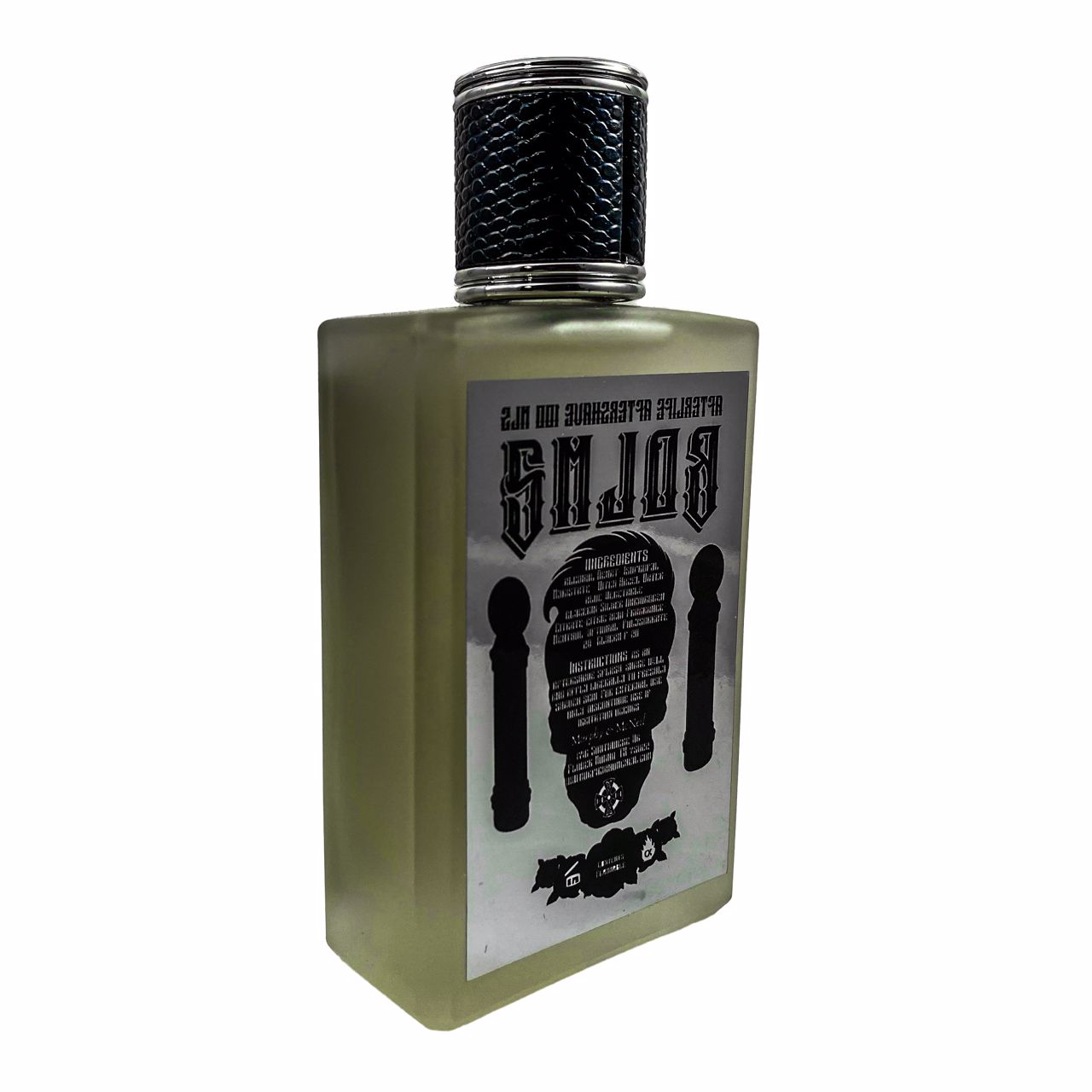 Barbershop De Los Muertos 2 Aftershave Splash bottle featuring intricate silver chrome labeling and vibrant artwork by Xicano Design.