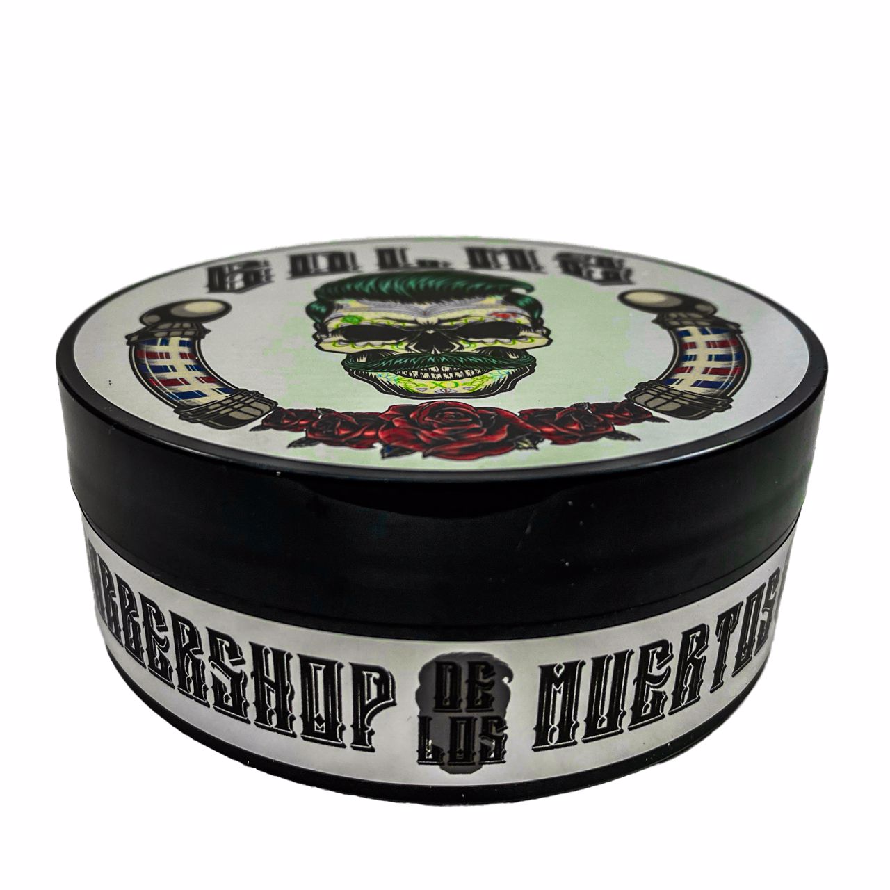Barbershop De Los Muertos 2 Shaving Soap in a black jar with silver chrome labeling, featuring artistic design by Xicano Design.