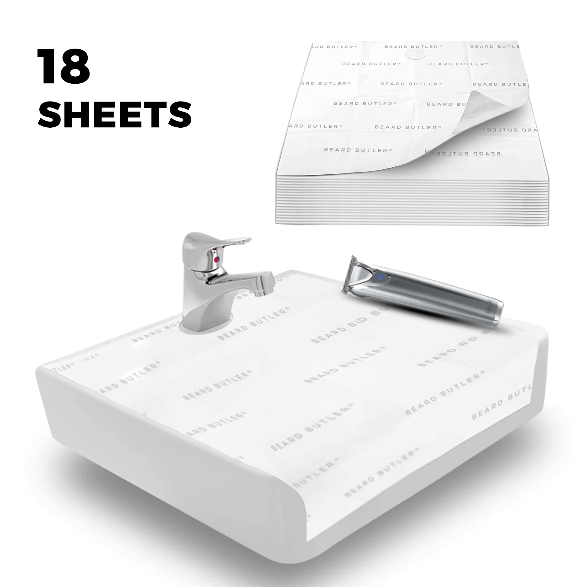 Beard Butler Disposable Sink Guards package with 18 sheets for easy beard hair cleanup.