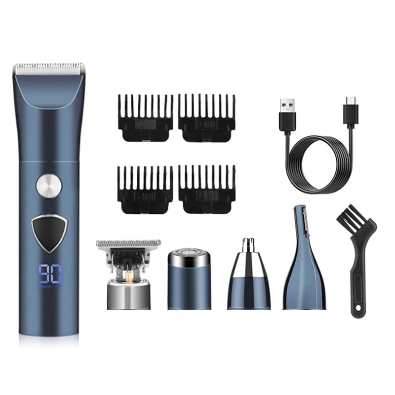 Electric beard trimmer for men with multiple attachments and USB charging capability, designed for versatile grooming.