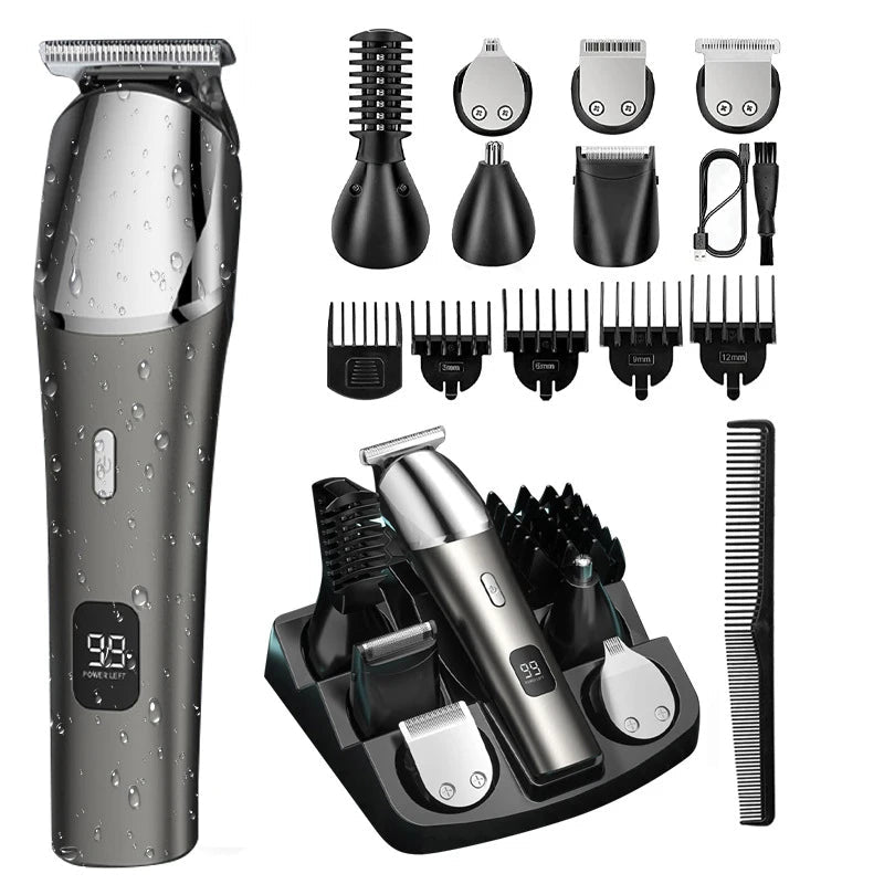 Beard Trimmer for Men Grooming Kit showcasing various attachments including hair clippers, trimming blades, and a USB charging cable.