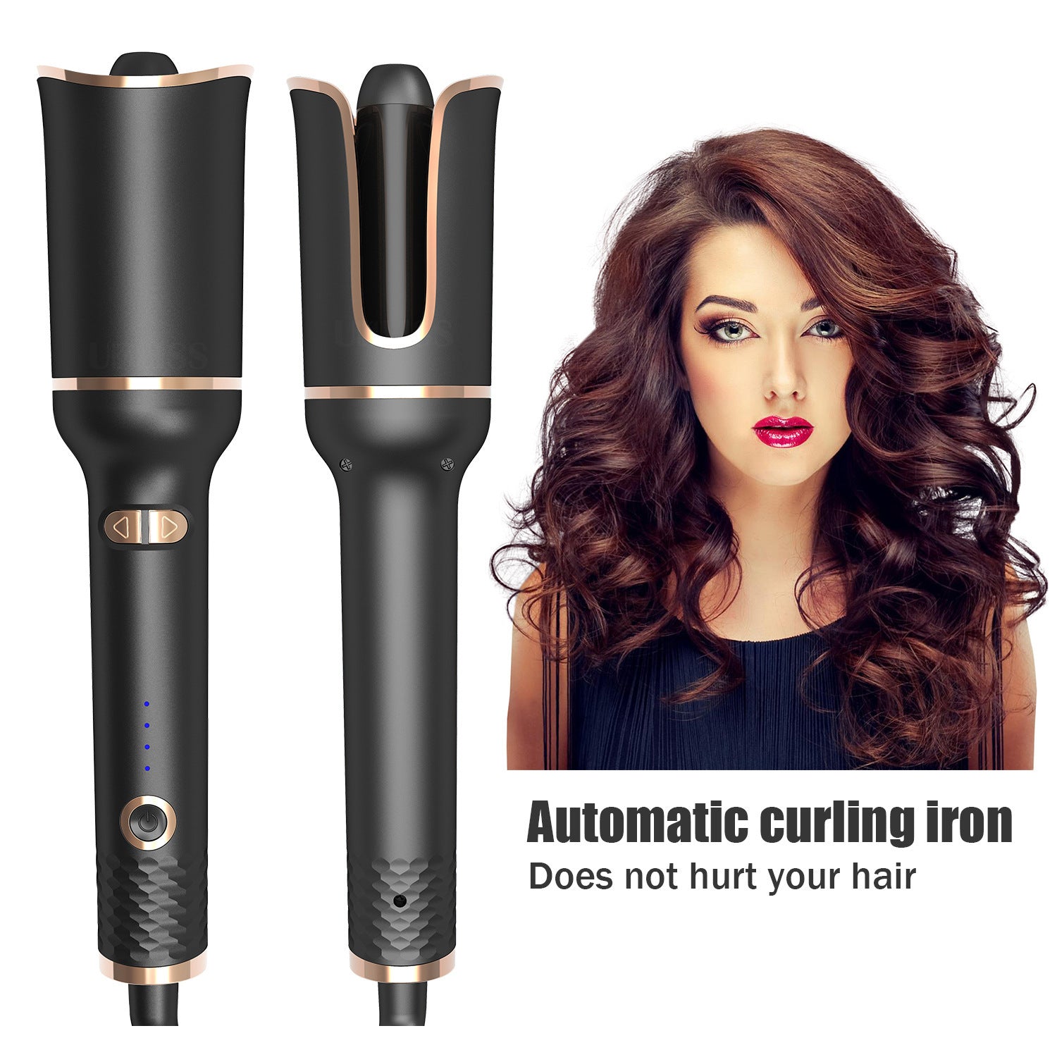Black Automatic Spiral Electric Curling Iron with negative ion technology, featuring a sleek design and tourmaline ceramic barrel.