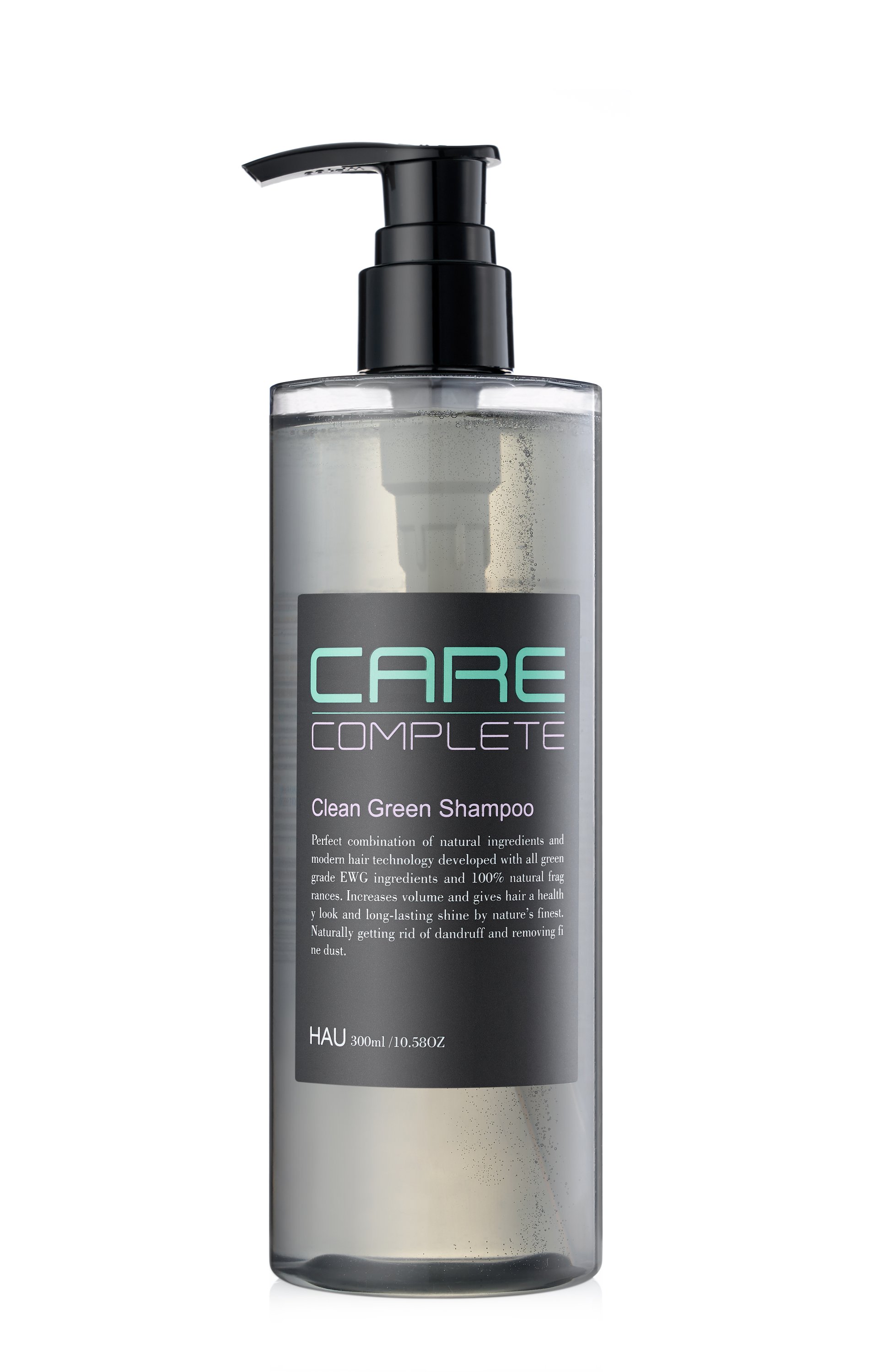 Care Complete Clean Green Shampoo bottle with natural ingredients, promoting healthy hair and scalp care.